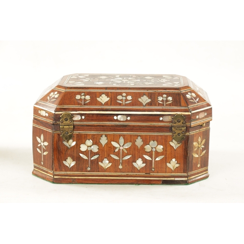 1057 - AN EARLY 18TH CENTURY SOUTH AMERICAN MOTHER OF PEARL INLAID BOX the rosewood box of geometric design... 