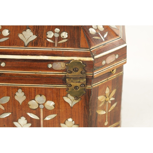 1057 - AN EARLY 18TH CENTURY SOUTH AMERICAN MOTHER OF PEARL INLAID BOX the rosewood box of geometric design... 