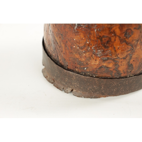 1059 - AN 18TH CENTURY SCANDINAVIAN BURR ELM AND IRON BOUND MUG with cross hatched shaped side handle. (13c... 