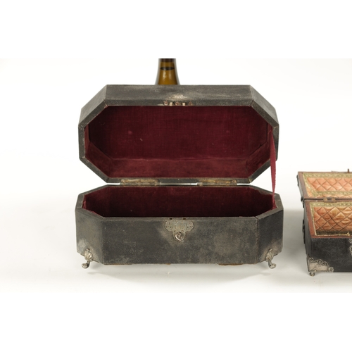 1062 - AN 18TH CENTURY BLACK SHAGREEN AND SILVER METAL MOUNTED CADDY BOX of clipped rectangular form with f... 