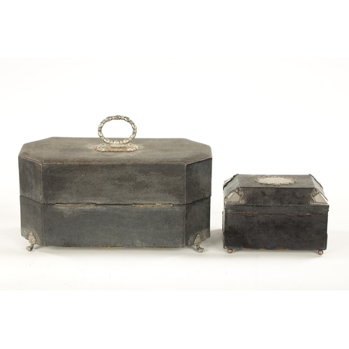 1062 - AN 18TH CENTURY BLACK SHAGREEN AND SILVER METAL MOUNTED CADDY BOX of clipped rectangular form with f... 