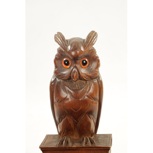 1064 - AN EARLY 20TH CENTURY CARVED FRUITWOOD BLACK FOREST INKWELL having a owl seated on two books raised ... 