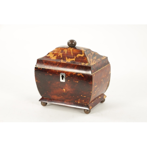 1065 - A 19TH CENTURY TORTOISESHELL TEA CADDY OF SMALL SIZE the finely patinated body with pewter lined edg... 