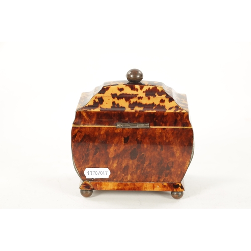 1065 - A 19TH CENTURY TORTOISESHELL TEA CADDY OF SMALL SIZE the finely patinated body with pewter lined edg... 