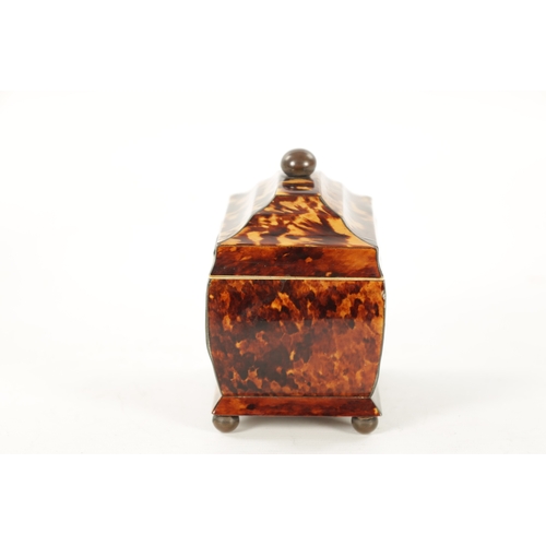 1065 - A 19TH CENTURY TORTOISESHELL TEA CADDY OF SMALL SIZE the finely patinated body with pewter lined edg... 