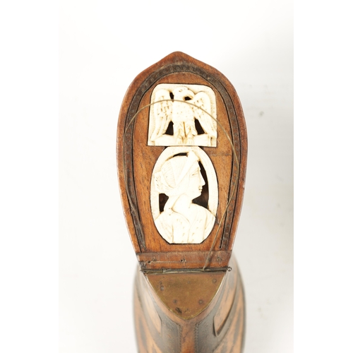 1066 - A PAIR OF EARLY 19TH CENTURY EUROPEAN ‘SHOE’ SNUFF BOXES the hinged tops inset with bone portrait ma... 