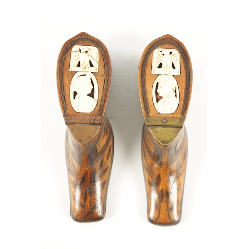 1066 - A PAIR OF EARLY 19TH CENTURY EUROPEAN ‘SHOE’ SNUFF BOXES the hinged tops inset with bone portrait ma... 