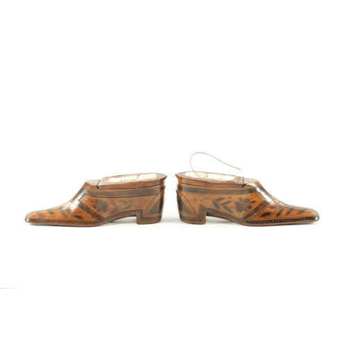 1066 - A PAIR OF EARLY 19TH CENTURY EUROPEAN ‘SHOE’ SNUFF BOXES the hinged tops inset with bone portrait ma... 