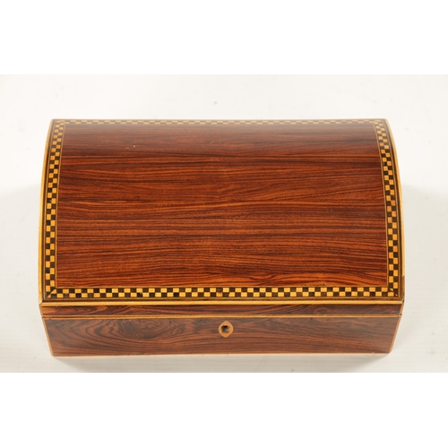 1074 - A GEORGE III DOME TOPPED TULIP WOOD AND CHEQUER-BANDED BOX with paper lined interior. (20.5cm wide 1... 