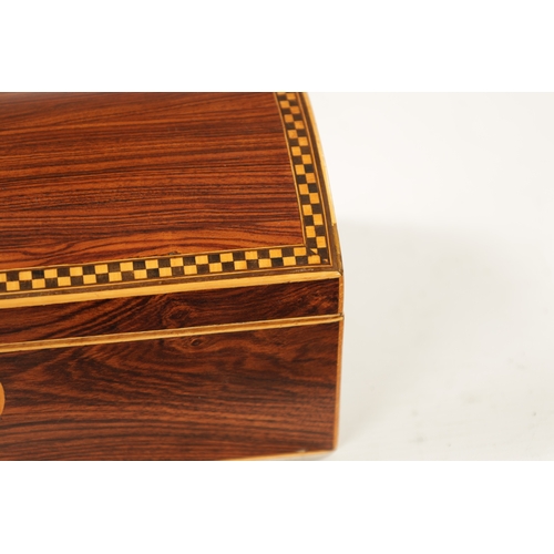 1074 - A GEORGE III DOME TOPPED TULIP WOOD AND CHEQUER-BANDED BOX with paper lined interior. (20.5cm wide 1... 