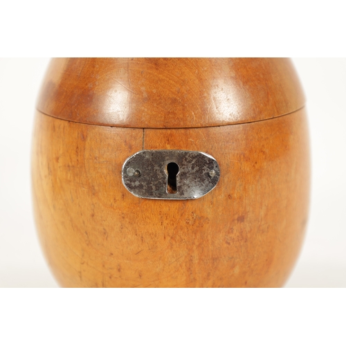 1076 - A GEORGE III FRUIT WOOD TEA CADDY OF LARGE SIZE FORMED AS A PEAR the hinged cover with stork finial ... 