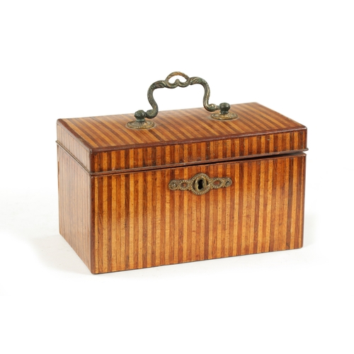 A GEORGE III STRIPED INLAID SPECIMEN WOOD TEA CADDY with rounded ...