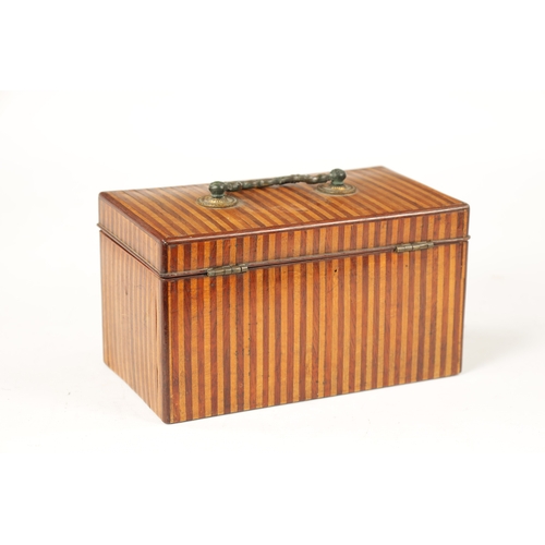 A GEORGE III STRIPED INLAID SPECIMEN WOOD TEA CADDY with rounded ...