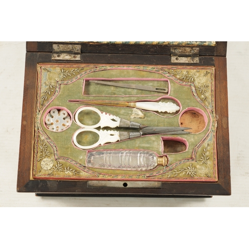 1081 - A 19TH CENTURY BURR WALNUT MUSICAL SEWING KIT the shaped sarcophagus case with mirrored hinged lid h... 