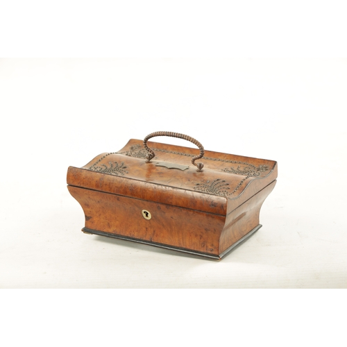 1081 - A 19TH CENTURY BURR WALNUT MUSICAL SEWING KIT the shaped sarcophagus case with mirrored hinged lid h... 