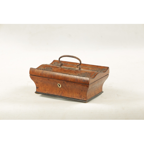 1081 - A 19TH CENTURY BURR WALNUT MUSICAL SEWING KIT the shaped sarcophagus case with mirrored hinged lid h... 