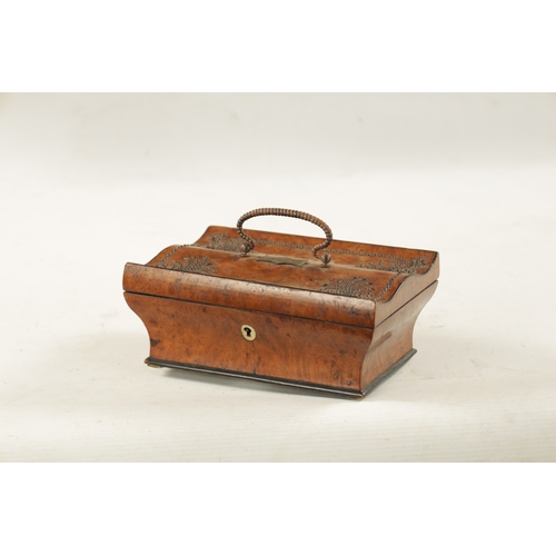 1081 - A 19TH CENTURY BURR WALNUT MUSICAL SEWING KIT the shaped sarcophagus case with mirrored hinged lid h... 