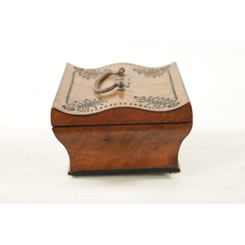 1081 - A 19TH CENTURY BURR WALNUT MUSICAL SEWING KIT the shaped sarcophagus case with mirrored hinged lid h... 