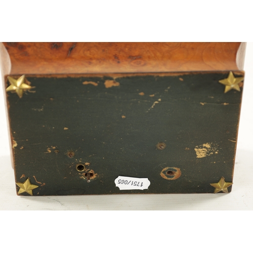 1081 - A 19TH CENTURY BURR WALNUT MUSICAL SEWING KIT the shaped sarcophagus case with mirrored hinged lid h... 