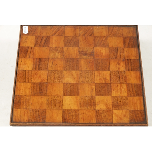 1082 - A 19TH CENTURY CARVED WOOD DOUBLE SIDED CHESS BOARD with pull-out drawer to each side, mixed wood in... 