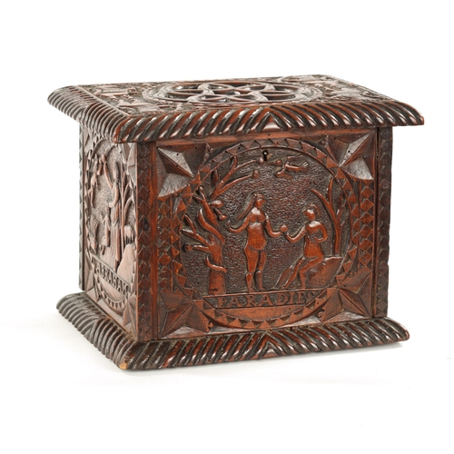 1084 - A 19TH CENTURY FOLK ART CARVED FRUITWOOD LIDDED BOX dated 1603 on the reverse and depicting biblical... 