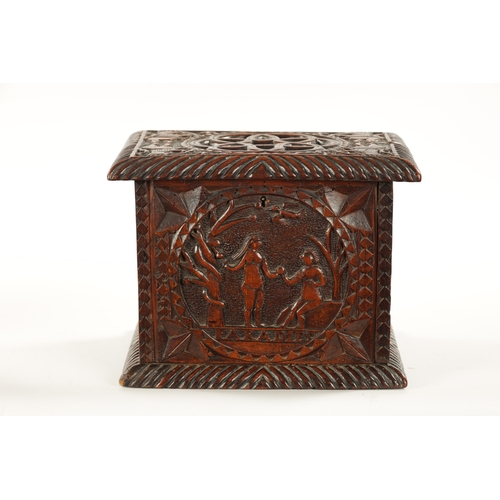 1084 - A 19TH CENTURY FOLK ART CARVED FRUITWOOD LIDDED BOX dated 1603 on the reverse and depicting biblical... 