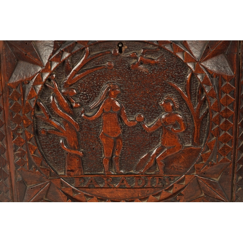 1084 - A 19TH CENTURY FOLK ART CARVED FRUITWOOD LIDDED BOX dated 1603 on the reverse and depicting biblical... 