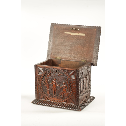 1084 - A 19TH CENTURY FOLK ART CARVED FRUITWOOD LIDDED BOX dated 1603 on the reverse and depicting biblical... 