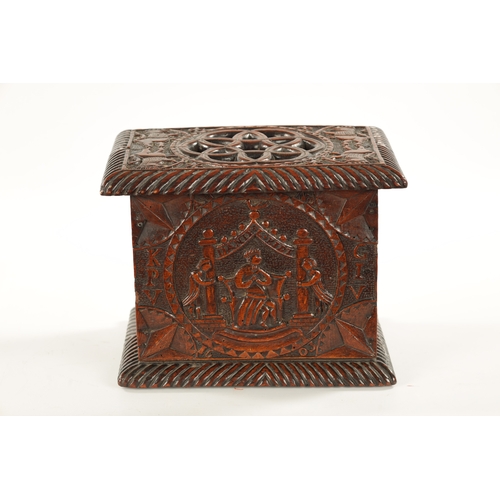 1084 - A 19TH CENTURY FOLK ART CARVED FRUITWOOD LIDDED BOX dated 1603 on the reverse and depicting biblical... 