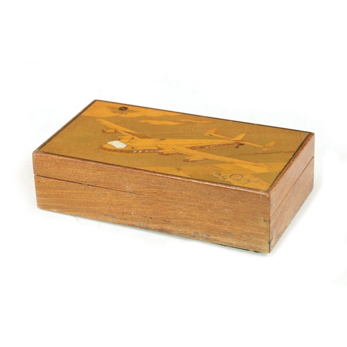 1085 - AN EARLY 20TH CENTURY MOTHER OF PEARL INLAID BOX the top inlaid with a three-finned aeroplane, mothe... 