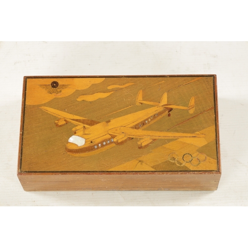 1085 - AN EARLY 20TH CENTURY MOTHER OF PEARL INLAID BOX the top inlaid with a three-finned aeroplane, mothe... 