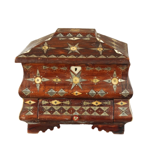 1088 - A 19TH CENTURY SOUTH AMERICAN INLAID WORK BOX inlaid with mother of pearl, the hinged lid revealing ... 