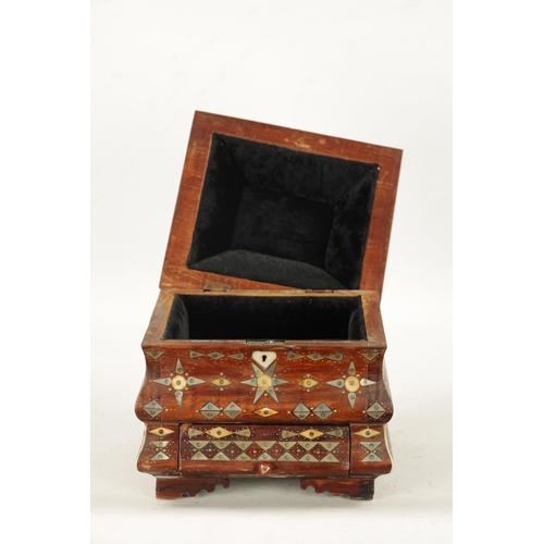 1088 - A 19TH CENTURY SOUTH AMERICAN INLAID WORK BOX inlaid with mother of pearl, the hinged lid revealing ... 