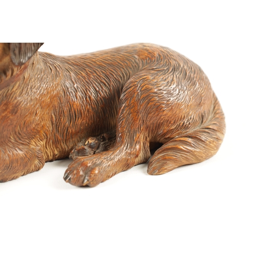 1090 - A 19TH CENTURY BLACK FOREST CARVED LINDEN WOOD DOG SCULPTURE set with glass eyes and depicted in an ... 