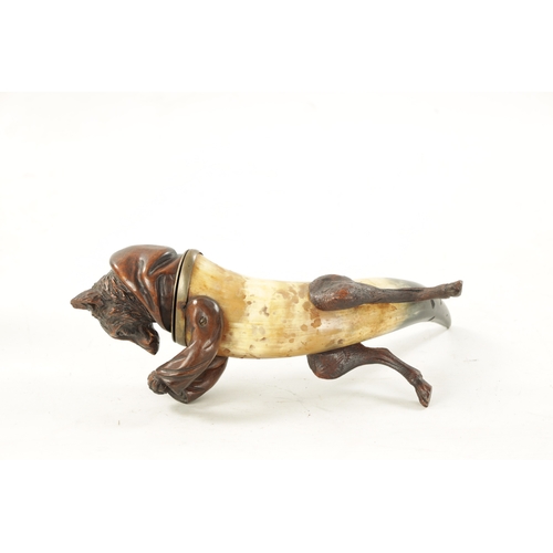 1096 - A 19TH CENTURY BLACK FORREST CARVED WOOD AND HORN INKWELL formed as a standing hooded fox with hinge... 