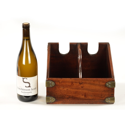 1098 - A GEORGE III BRASS BOUND MAHOGANY DOUBLE WINE BOTTLE CARRIER with raised centre carrying handle slot... 