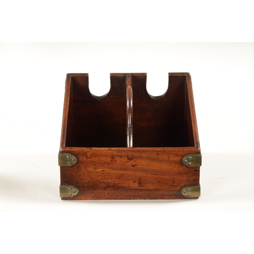 1098 - A GEORGE III BRASS BOUND MAHOGANY DOUBLE WINE BOTTLE CARRIER with raised centre carrying handle slot... 