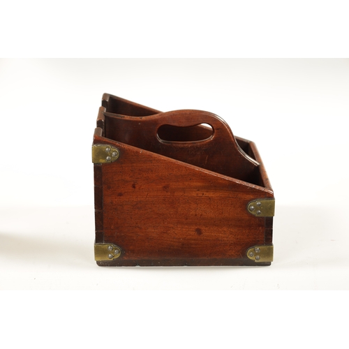 1098 - A GEORGE III BRASS BOUND MAHOGANY DOUBLE WINE BOTTLE CARRIER with raised centre carrying handle slot... 