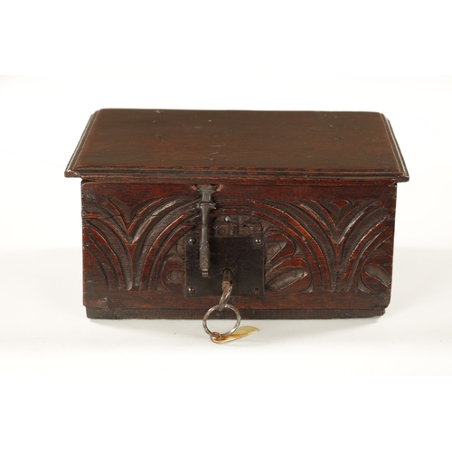 1099 - A GOOD 17TH CENTURY UNUSUALLY SMALL OAK BIBLE BOX OF FINE COLOUR AND PATINA the lid with three ironw... 