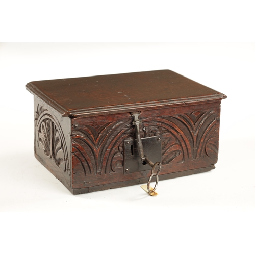 1099 - A GOOD 17TH CENTURY UNUSUALLY SMALL OAK BIBLE BOX OF FINE COLOUR AND PATINA the lid with three ironw... 