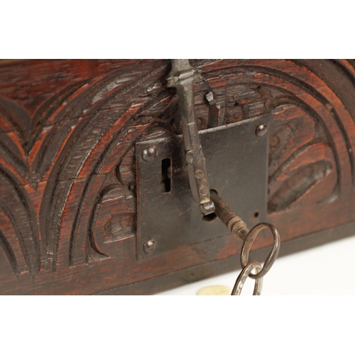 1099 - A GOOD 17TH CENTURY UNUSUALLY SMALL OAK BIBLE BOX OF FINE COLOUR AND PATINA the lid with three ironw... 