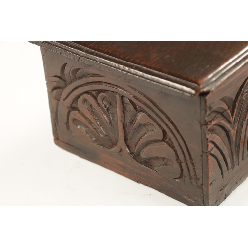 1099 - A GOOD 17TH CENTURY UNUSUALLY SMALL OAK BIBLE BOX OF FINE COLOUR AND PATINA the lid with three ironw... 