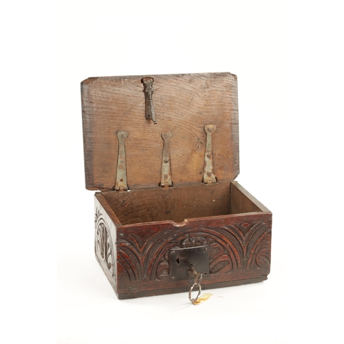 1099 - A GOOD 17TH CENTURY UNUSUALLY SMALL OAK BIBLE BOX OF FINE COLOUR AND PATINA the lid with three ironw... 