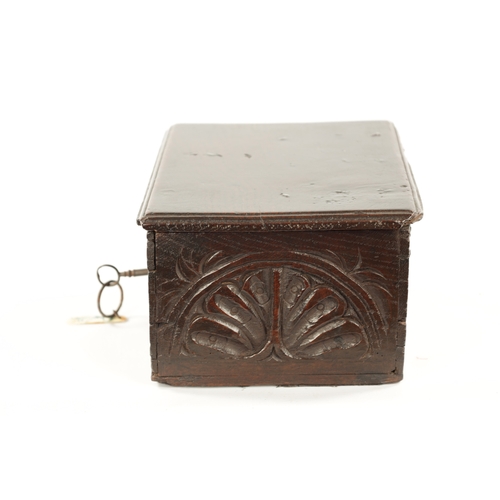 1099 - A GOOD 17TH CENTURY UNUSUALLY SMALL OAK BIBLE BOX OF FINE COLOUR AND PATINA the lid with three ironw... 