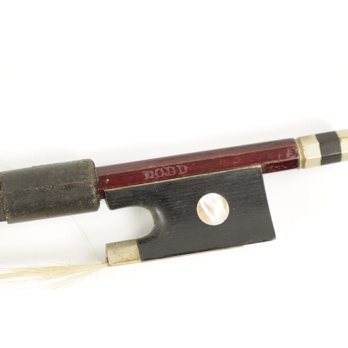 1114 - AN OLD VIOLIN BOW SIGNED DODD with ebony and abalone shell frog, signed to one side and 'MADE IN SAX... 