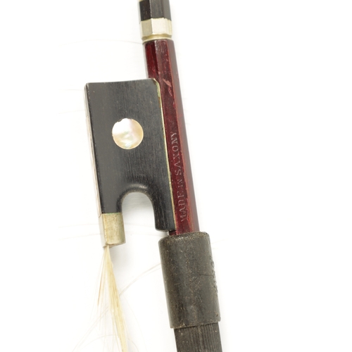 1114 - AN OLD VIOLIN BOW SIGNED DODD with ebony and abalone shell frog, signed to one side and 'MADE IN SAX... 