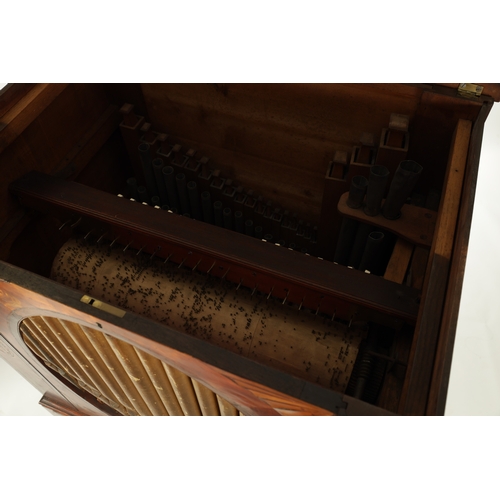 1115 - A GEORGE III INLAID SATINWOOD AND MAHOGANY BERREL ORGAN the cabinet with simulated gilt pipes to the... 