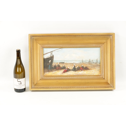 1125 - A 20TH CENTURY OIL ON WOODEN PANEL Fisher folk resting on the beach, unsigned - in gilt moulded fram... 