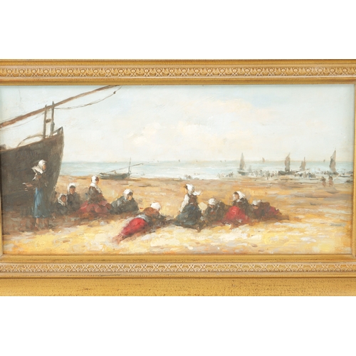 1125 - A 20TH CENTURY OIL ON WOODEN PANEL Fisher folk resting on the beach, unsigned - in gilt moulded fram... 