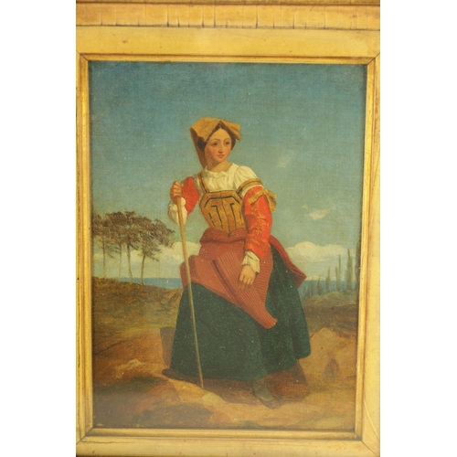 1127 - AN 18TH / 19TH CENTURY CONTINENTAL OIL ON CANVAS full-length portrait of a working woman, mounted in... 